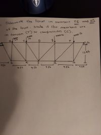 Deterre the forces
of the truss. State if this
In members
FE
and HI
membera
Ore
in tension (T)
or compresson (c).
13.
12ft
9Ft
9 Ft
