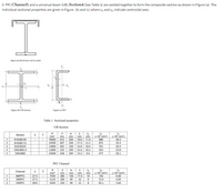 A PFC Channell and a universal beam (UB) Section4 (See Table 1) are welded together to form the composite section as shown in Figure (a). The
individual sectional properties are given in Figure (b) and (c) where x, and y, indicate centroidal axes.
I.
Figure (a) (dimension not to scale)
-X-
y.
Figure (b) UB Section
Figure (c) PFC
Table 1. Sectional properties
UB Section
b
mm
229
Section
mm?
16000
mm
19.6
17.3
mm
11.9
11.2
(10 mm)
986
(x10 mm)
39.3
mm
610UB125
612
610UB113
14500
607
228
875
34.3
13000
610UB101
530UB92.4
602
228
14.8
10.6
761
29.3
4.
11800
533
209
15.6
10.2
554
23.8
530UB82
10500
528
209
13.2
9.6
477
20.1
PFC Channel
b
mm
100
Channel
(x10 mm)
6.48
mm
mm
380
mm
17.5
mm
10
(x10 mm)
152
1
380PFC
27.5
7030
300PFC
27.2
5110
300
90
16
72.4
4.04
250PFC
28.6
4520
250
90
15
45.1
3.64
