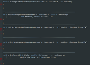 double averageDataInVector(vector<HouseHold> houseHold, int theSize)
{
}
//*
void aboveAverage (vector<HouseHold> houseHold, double theAverage,
int theSize, ofstream &outFile)
{
}
void belowPovertyLevel (vector<HouseHold> houseHold, int theSize, ofstream &outFile)
{
}
//*
void printDataInVector(vector<HouseHold> houseHold, int theSize, ofstream &outFile)
{
}
void printRecord(int theId, double theIncome, int the Members,
string the State, ofstream &outFile)
{
}