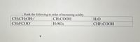 Rank the following in order of increasing acidity.
CH3COOH
+
CH3CH2OH2*
H2O
CH2FCOO
H2SO4
CHF2COOH
