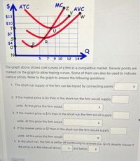 ATC
MC
Z AVC
V.
W
$13
$10
T
$7
$4
N
5 7 9 10 12 144
The graph above shows cost curves of a firm in a competitive market. Several points are
marked on the graph to allow tracing curves. Some of them can also be used to indicate
various prices. Refer to the graph to answer the following questions:
1. The short-run supply of the firm can be traced by connecting points
2. If the market price is $4 then in the short-run the firm would supply
units. At this price the firm would
3. If the market price is $10 then in the short-run the firm would supply
units. At this price the firm would
4. If the market price is $7 then in the short-run the firm would supply
units. At this price the firm would
5. In the short run, the firm is better off continuing to operate (i.e. Q>0) despite losses if
the price is in the interval above
and below
%24
