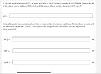 **Titration of Maleic Acid with KOH**

A 100.0 mL solution containing 0.877 g of maleic acid (Molecular Weight = 116.072 g/mol) is titrated with 0.256 M KOH. Calculate the pH of the solution after the addition of 59.0 mL of the KOH solution. Maleic acid has \( pK_a \) values of 1.92 and 6.27.

**pH Calculation:**

pH = [Input box for pH]

**Equilibrium Concentrations of Maleic Acid Forms**

At this pH, calculate the concentration of each form of maleic acid in the solution at equilibrium. The three forms of maleic acid are abbreviated as \( \text{H}_2\text{M}, \text{HM}^-, \) and \(\text{M}^{2-}\), which represent the fully protonated, intermediate, and fully deprotonated forms, respectively.

\[
[\text{M}^{2-}] = \text{[Input box]} \, \text{M}
\]

\[
[\text{HM}^-] = \text{[Input box]} \, \text{M}
\]

\[
[\text{H}_2\text{M}] = \text{[Input box]} \, \text{M}
\]

**Instructions**

1. Complete the calculations for pH after the titration.
2. Calculate the equilibrium concentrations of each form of maleic acid using the provided \( pK_a \) values and the calculated pH.

This exercise enables students to understand the relationship between acid-base titrations, pH, and the equilibrium concentrations of the different forms of a diprotic acid.