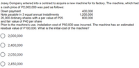 Josey Company entered into a contract to acquire a new machine for its factory. The machine, which had
a cash price of P2,000,000 was paid as follows:
Down payment
Note payable in 3 equal annual installments
20,000 ordinary shares with a par value of P25
and fair value of P40 per share
Prior to the machine's use, installation cost of P50,000 was incurred. The machine has an estimated
400,000
1,200,000
800,000
residual value of P100,000. What is the initial cost of the machine?
O 2,000,000
2,400,000
O 2,050,000
O 2,450,000
