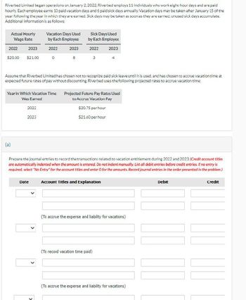 Riverbed Limited began operations on January 2, 2022. Riverbed employs 11 individuals who work eight hour days and are paid
hourly. Each employee earns 10 paid vacation days and 6 paid sick days annually. Vacation days may be taken after January 15 of the
year following the year in which they are earned. Sick days may be taken as soon as they are earned; unused sick days accumulate.
Additional information is as follows:
Actual Hourly
Wage Rate
2022
2023
$20.00 $21.00
Vacation Days Used
by Each Employee
2022
0
Year in which Vacation Time
Was Eamed
2022
2023
(a)
2023
8
Assume that Riverbed Limited has chosen not to recognize paid sick leave until it is used, and has chosen to accrue vacation time at
expected future rates of pay without discounting. Riverbed uses the following projected rates to accrue vacation time:
Date
Sick Days Used
by Each Employee
2022
2023
3
Projected Future Pay Rates Used
to Accrue Vacation Pay
$20.75 per hour
$21.60 per hour
Prepare the journal entries to record the transactions related to vacation entitlement during 2022 and 2023. (Credit account titles
are automatically indented when the amount is entered. Do not indent manually. List all debit entries before credit entries. If no entry is
required, select "No Entry" for the account titles and enter O for the amounts. Record journal entries in the order presented in the problem.)
Account Titles and Explanation
(To accrue the expense and liability for vacations)
(To record vacation time paid)
(To accrue the expense and liability for vacations)
Debit
Credit
