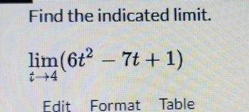 Find the indicated limit.
lim (6t2 - 7t+1)
+4
Edit Format Table