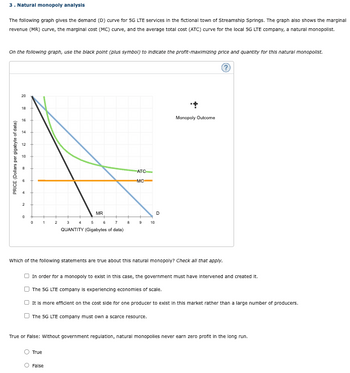 3. Natural monopoly analysis
The following graph gives the demand (D) curve for 5G LTE services in the fictional town of Streamship Springs. The graph also shows the marginal
revenue (MR) curve, the marginal cost (MC) curve, and the average total cost (ATC) curve for the local 5G LTE company, a natural monopolist.
On the following graph, use the black point (plus symbol) to indicate the profit-maximizing price and quantity for this natural monopolist.
PRICE (Dollars per gigabyte of data)
2
20
18
16
14
12
10
8
6
ATC
MC
MR
0
0
1
2
3
4
5
6
7
8
9
10
QUANTITY (Gigabytes of data)
D
Monopoly Outcome
Which of the following statements are true about this natural monopoly? Check all that apply.
In order for a monopoly to exist in this case, the government must have intervened and created it.
The 5G LTE company is experiencing economies of scale.
It is more efficient on the cost side for one producer to exist in this market rather than a large number of producers.
The 5G LTE company must own a scarce resource.
True or False: Without government regulation, natural monopolies never earn zero profit in the long run.
True
False