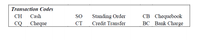 Transaction Codes
СВ Сhequebook
BC Bank Charge
CH
Cash
SO
Standing Order
CQ Cheque
CT
Credit Transfer
