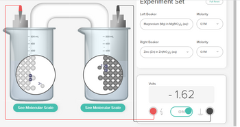 500 mL
-450
- 400
See Molecular Scale
- 500 mL
450
<- 400
See Molecular Scale
Experiment Set
Left Beaker
Magnesium (Mg) in Mg(NO3)2 (aq)
Right Beaker
Zinc (Zn) in Zn(NO3)2 (aq)
Volts
- 1.62
ON
Molarity
0.1 M
Molarity
0.1 M
Full Reset