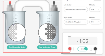 500 mL
- 450
400
<-400
]]
See Molecular Scale
- 500 mL
450
See Molecular Scale
Left Beaker
Magnesium (Mg) in Mg(NO3)2 (aq)
Right Beaker
Zinc (Zn) in Zn(NO3)2 (aq)
Volts
- 1.62
4 ON
Molarity
0.1 M
Molarity
0.1 M