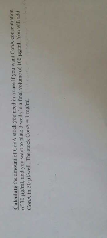 Calculate the amount of ConA stock you need in a case if you want ConA concentration
of 30 µg/ml, and you want to plate 3 wells in a final volume of 100 ug/ml. You will add
ConA in 50 ul/well. The stock ConA
1 mg/ml
