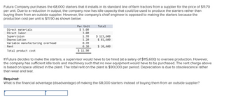 Futura Company purchases the 68,000 starters that it installs in its standard line of farm tractors from a supplier for the price of $11.70
per unit. Due to a reduction in output, the company now has idle capacity that could be used to produce the starters rather than
buying them from an outside supplier. However, the company's chief engineer is opposed to making the starters because the
production cost per unit is $11.90 as shown below:
Direct materials
Direct labor
Supervision
Depreciation
Variable manufacturing overhead
Rent
Total product cost
Per Unit
$5.00
3.00
1.70
1.20
0.70
0.30
$ 11.90
Total
$ 115,600
$ 81,600
$ 20,400
If Futura decides to make the starters, a supervisor would have to be hired (at a salary of $115,600) to oversee production. However,
the company has sufficient idle tools and machinery such that no new equipment would have to be purchased. The rent charge above
is based on space utilized in the plant. The total rent on the plant is $90,000 per period. Depreciation is due to obsolescence rather
than wear and tear.
Required:
What is the financial advantage (disadvantage) of making the 68,000 starters instead of buying them from an outside supplier?