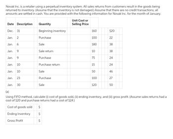 Novak Inc. is a retailer using a perpetual inventory system. All sales returns from customers result in the goods being
returned to inventory. (Assume that the inventory is not damaged.) Assume that there are no credit transactions; all
amounts are settled in cash. You are provided with the following information for Novak Inc. for the month of January.
Date Description
Dec. 31
Jan. 2
Jan. 6
Jan. 9
Jan. 9
Jan. 10
Jan. 10
Jan. 23
Jan. 30
Quantity
Beginning inventory
Purchase
Sale
Sale return
Purchase
Purchase return
Sale
Purchase
Sale
Unit Cost or
Selling Price
160
100
180
10
75
15
50
100
120
$20
22
38
38
24
24
46
27
50
(a)
Using FIFO method, calculate (i) cost of goods sold, (ii) ending inventory, and (iii) gross profit. (Assume sales returns had a
cost of $20 and purchase returns had a cost of $24.)
Cost of goods sold $
Ending Inventory
$
Gross Profit
$