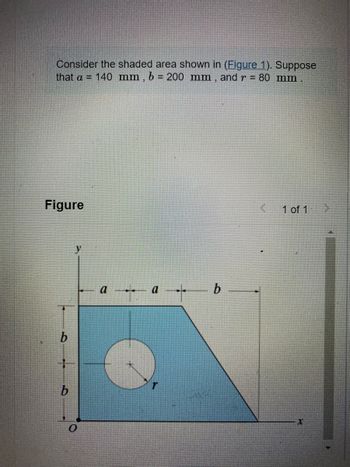 ### Example 2: Analyzing a Composite Area

**Problem Statement:**

Consider the shaded area shown in Figure 1. Suppose that \( a = 140 \, \text{mm} \), \( b = 200 \, \text{mm} \), and \( r = 80 \, \text{mm} \).

**Diagram Explanation:**

The figure depicts a composite shape consisting of a larger trapezoidal section with a circular cutout:

- **Trapezoid Details:**
  - The trapezoid has a base width along the \( x \)-axis comprised of two segments, each labeled \( a \) and \( b \). These distances suggest that the entire base length is \( a + b = 340 \, \text{mm} \).
  - The height from the \( x \)-axis to the top parallel side is \( 2b = 400 \, \text{mm} \).

- **Circular Cutout:**
  - A circle with radius \( r = 80 \, \text{mm} \) is subtracted from the trapezoidal area. The circle is centered at a position within the trapezoid.

This diagram assists in understanding how composite geometric areas are calculated by combining simpler shapes and subtracting intersections or voids.