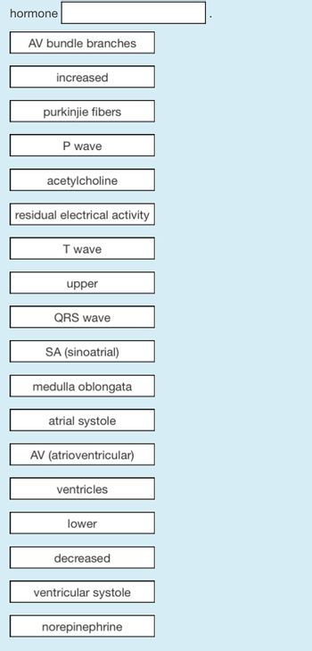 hormone
AV bundle branches
increased
purkinjie fibers
P wave
acetylcholine
residual electrical activity
T wave
upper
QRS wave
SA (sinoatrial)
medulla oblongata
atrial systole
AV (atrioventricular)
ventricles
lower
decreased
ventricular systole
norepinephrine