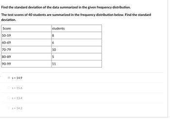 Find the standard deviation of the data summarized in the given frequency distribution.
The test scores of 40 students are summarized in the frequency distribution below. Find the standard
deviation.
Score
50-59
60-69
70-79
80-89
90-99
S = 14.9
S = 15.6
s = 13.4
S = 14.2
students
8
6
10
5
11