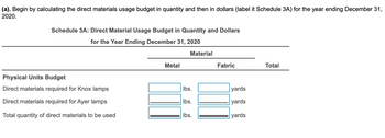 (a). Begin by calculating the direct materials usage budget in quantity and then in dollars (label it Schedule 3A) for the year ending December 31,
2020.
Schedule 3A: Direct Material Usage Budget in Quantity and Dollars
for the Year Ending December 31, 2020
Physical Units Budget
Direct materials required for Knox lamps
Direct materials required for Ayer lamps
Total quantity of direct materials to be used
Metal
Material
lbs.
lbs.
lbs.
Fabric
yards
yards
yards
Total