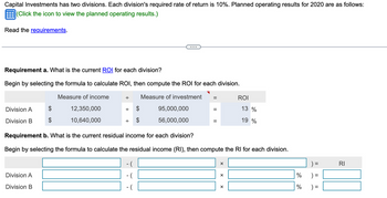 Capital Investments has two divisions. Each division's required rate of return is 10%. Planned operating results for 2020 are as follows:
(Click the icon to view the planned operating results.)
Read the requirements.
Requirement a. What is the current ROI for each division?
Begin by selecting the formula to calculate ROI, then compute the ROI for each division.
Measure of income
+ Measure of investment =
12,350,000
95,000,000
56,000,000
10,640,000
Division A
Division B
Division A
Division B
Requirement b. What is the current residual income for each division?
Begin by selecting the formula to calculate the residual income (RI), then compute the RI for each division.
X
ROI
X
13 %
19 %
%
%
)=
RI