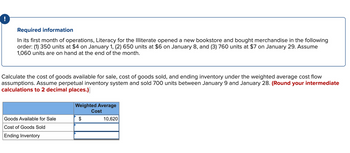 !
Required information
In its first month of operations, Literacy for the Illiterate opened a new bookstore and bought merchandise in the following
order: (1) 350 units at $4 on January 1, (2) 650 units at $6 on January 8, and (3) 760 units at $7 on January 29. Assume
1,060 units are on hand at the end of the month.
Calculate the cost of goods available for sale, cost of goods sold, and ending inventory under the weighted average cost flow
assumptions. Assume perpetual inventory system and sold 700 units between January 9 and January 28. (Round your intermediate
calculations to 2 decimal places.)
Goods Available for Sale
Cost of Goods Sold
Ending Inventory
Weighted Average
$
Cost
10,620