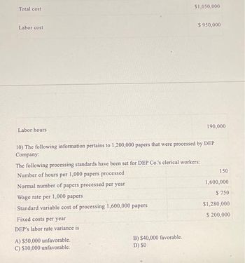 Total cost
Labor cost
Labor hours
Wage rate per 1,000 papers
Standard variable cost of processing 1,600,000 papers
10) The following information pertains to 1,200,000 papers that were processed by DEP
Company:
The following processing standards have been set for DEP Co.'s clerical workers:
Number of hours per 1,000 papers processed
Normal number of papers processed per year
Fixed costs per year
DEP's labor rate variance is
$1,050,000
A) $50,000 unfavorable.
C) $10,000 unfavorable.
$ 950,000
B) $40,000 favorable.
D) SO
190,000
150
1,600,000
$750
$1,280,000
$ 200,000