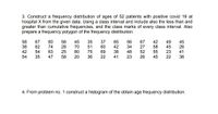 3. Construct a frequency distribution of ages of 52 patients with positive covid 19 at
hospital X from the given data. Using a class interval and include also the less than and
greater than cumulative frequencies, and the class marks of every class interval. Also
prepare a frequency polygon of the frequency distribution.
67
62
80
35
37
60
69
65
42
67
27
42
58
38
56
28
25
58
45
70
80
20
56
34
48
23
49
45
23
45
26
74
51
58
42
63
38
52
26
54
75
55
41
54
35
47
36
22
41
45
22
36
4. From problem no. 1 construct a histogram of the obtain age frequency distribution.
