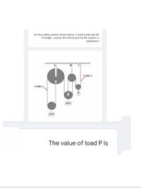 For the pulleys system shown below, if each pulley has 80
N weight , answer the following to be the system in
equilibrium
Cable 2
Cable 1,
400N
200N
The value of load P is
