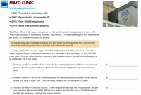 **Mayo Clinic Overview**

**History and Expansion:**
- **1889:** Founded in Rochester, MN
- **1987:** Expanded to Jacksonville, FL
- **2016:** Over 50,000 employees
- **2018:** More than a million patients

**About Mayo Clinic:**
The Mayo Clinic is the world's largest integrated, not-for-profit medical group practice, with main facilities in Minnesota, Arizona, and Florida. It is recognized as one of the leading hospitals globally. The clinic’s mission is focused on people:

*To inspire hope and contribute to health and well-being by providing the best care to every patient through integrated clinical practice, education, and research.*

**Case Study: Darnell Johnson**
After obtaining a two-year degree in radiation therapy and accumulating three years of experience at a small hospital, Darnell Johnson began working at the Mayo Clinic with a salary of $63,500. The clinic contributes 6% of his salary to his retirement plan and allows him to contribute an additional 5% of his salary.

**Exercises:**

1. **Retirement Contribution Calculation:**
   - Johnson decides to put 5% of his salary into his retirement plan in addition to the contribution by his employer. Find the total annual contribution into the retirement plan.

2. **Investment Growth Estimation:**
   - Johnson decides to invest his retirement funds in a mutual fund with global stocks expected to yield 8% per year. Calculate the future value in his account after 12 years.

3. **Annual Payroll Estimation:**
   - Assume the Mayo Clinic has exactly 55,000 employees, with the average salary per person, including physicians, being $87,300 per year (including health insurance costs). Estimate the annual payroll.