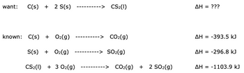 ### Chemical Reaction Enthalpies

**Objective:**
Determine the enthalpy change (\( \Delta H \)) for the desired reaction:

\[ \text{C(s) + 2 S(s)} \rightarrow \text{CS}_2(l) \quad \Delta H = ??? \]

---

**Known Reactions:**

1. **Carbon Combustion:**
   \[ \text{C(s) + O}_2(g) \rightarrow \text{CO}_2(g) \]
   \[ \Delta H = -393.5 \, \text{kJ} \]

2. **Sulfur Combustion:**
   \[ \text{S(s) + O}_2(g) \rightarrow \text{SO}_2(g) \]
   \[ \Delta H = -296.8 \, \text{kJ} \]

3. **Carbon Disulfide Combustion:**
   \[ \text{CS}_2(l) + 3 \text{O}_2(g) \rightarrow \text{CO}_2(g) + 2 \text{SO}_2(g) \]
   \[ \Delta H = -1103.9 \, \text{kJ} \]

---

**Explanation:**

To find the enthalpy change for the reaction forming carbon disulfide (\( \text{CS}_2(l) \)), use Hess's Law by combining the known reactions.

- **Hess's Law** states that the total enthalpy change is the same regardless of the path taken, making it possible to use known reactions to calculate the unknown enthalpy change.

**Approach:**

- Begin with the desired reaction and rearrange the known reactions, applying the principles of thermochemistry, to solve for the unknown enthalpy change.