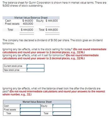 The balance sheet for Quinn Corporation is shown here in market value terms. There are
9,000 shares of stock outstanding.
Cash
Market Value Balance Sheet
$44,600
Fixed assets 400,000
Equity $444,600
Total
$444,600
Total $444,600
The company has declared a dividend of $1.50 per share. The stock goes ex dividend
tomorrow.
Ignoring any tax effects, what is the stock selling for today? (Do not round intermediate
calculations and round your answer to 2 decimal places, e.g., 32.16.)
Ignoring any tax effects, what will it sell for tomorrow? (Do not round intermediate
calculations and round your answer to 2 decimal places, e.g., 32.16.)
Current stock price
New stock price
Ignoring any tax effects, what will the balance sheet look like after the dividends are
paid? (Do not round intermediate calculations and round your answers to the nearest
whole number, e.g.. 32)
Market Value Balance Sheet
Cash
Fixed assets
Total
Equity
Total