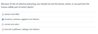 Because of risk of solanine poisoning, you should not eat the leaves, stems, or any part but the
known edible part of which plants?
spinach and millet
tomatoes, potatoes, eggplant and relatives
carrots and celery
O broccoli, cauliflower, cabbage and relatives
