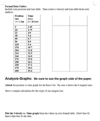 Formal Data Tables:
Include your position and time table. Then create a velocity and time table from your
analysis.
Position
(m)
(+) Im (+-)0.1sec
Time
(sec)
2
1.45
2.75
10
22
4.0
38
5.4
60
6.7
86
8.0
118
154
9.4
10.7
184
11.8
216
12.9
246
14.0
276
15.0
308
16.1
338
370
17.2
18.3
400
19.4
Analysis-Graphs: Be sure to use the graph side of the paper.
Attach the position vs time graph for the Race Cart. Be sure it shows the 8 tangent lines.
Show a sample calculation for the slope of one tangent line.
Plot the Velocity vs. Time graph from the values in your formal table. Draw best-fit
line(s) that best fit the data.
