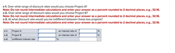 c-1. Over what range of discount rates would you choose Project A?
Note: Do not round intermediate calculations and enter your answer as a percent rounded to 2 decimal places, e.g., 32.16.
c-2. Over what range of discount rates would you choose Project B?
Note: Do not round intermediate calculations and enter your answer as a percent rounded to 2 decimal places, e.g., 32.16.
c-3. At what discount rate would you be indifferent between these two projects?
Note: Do not round intermediate calculations and enter your answer as a percent rounded to 2 decimal places, e.g., 32.16.
Project A
c-1.
c-2. Project B
c-3.
Indifferent interest rate
an interest rate of
an interest rate of
%
%
%