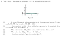 1. Figure 1 shows a thin plastic rod of length L= 13.5 cm and uniform charge 43.6 fC.
Figure 1
(a)
may find the following integral useful: d
In terms of distance d, find an expression for the electric potential at point P1. (You
= In .)
а
(b)
component E, of the electric field at P.
Next, substitute variable x for d and find an expression for the magnitude of the
(c)
What is the direction of E relative to the positive direction of the x axis?
(d)
What is the value of E at P1 for x
d = 6.20 cm?
(e)
From the symmetry in Figure 1, determine Ey at P.
