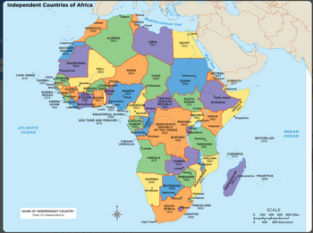 Seru
06 AND
Freetown DO60E GHANA
Independent Countries of Africa
Tunis
*Algiers
Mediterranean Sea
TUNISIA
1956 Tripol
Rabat
MOROCCO
1956
Cairo
ALGERIA
1962
LIBYA
1951
Laayoune
WESTERN
SAHARA
1976
EGYPT
1922
MAURITANIA
1960
MALI
Nouakchott
1960
NIGER
1960
CAPE VERDE
1975
CHAD
1960
ERITREA
1993
Asmara
Khartoum
Dakar
GAMBIA
1965 Banjul
SENEGAL
1960
SUDAN
1956
DJIBOUTI
1977
Niamey
Ouagadougou
BURKINA FASO
BENIN
1960
Bamako,
Bissau GUINEA
N'Djamena
Ojibouti
GUINEA-Conakry 1958 960 BENIN
CÓTE
Freetown D'IVOIRE GHANÁ
NIGERIA
1960
"Abuja
Porto-Novo
BISSAU
1974
"Addis Ababa
1960
Yamoussoukera
CENTRAL
AFRICAN
REPUBLIC
1960
SOUTH
SUDAN
2011
SIERRA MOrovia
1957
ΕΤHIOPIA
LEONE
1961
LIBERIA
Accra
TOGO
Lagos
CAMEROON
Lome 1960 Malabo,
1960
Bangui
Juba
Yaounde
EQUATORIAL GUINEA
1968
UGANDA
1962
Kampala 1963
KENYA
Mogadishu
SÃO TOMÉ AND PRÍNCIPE
<,
Libreville
GABON
1960
RWANDA
1962
1975
DEMOCRATIC
REPUBLIC
OF THE CONGO
1960
Nairobi
ATLANTIC
R
Kigal
OCEAN
Brazzaville
Beljumbura
INDIAN
Kinshasa
OCEAN
BURUNDI
1962
SEYCHELLES
1976
Dodoma
Cabinda
(ANGOLA)
TANZANIA
1961
Luanda
COMOROS
1975
MALAWI
1963
nòngwe
ANGOLA
1975
ZAMBIA
1964
Lusaka
Нarare
ZIMBABWE
1980
Antananarivo MAURITIUS
1968
NAMIBIA
1990
BOTSWANA
1966
Windhoek
Gaborone
Mbabane
Pretoria
Maputo
SOUTH
AFRICA
1910
SWAZILAND
1968
Maseru
SCALE
NAME OF INDEPENDENT COUNTRY
LESOTHO
1966
O 200 400 600 800 Miles
Date of independence
Cape Town
400
800 Kilometers
Red Sea
CONGO
1960
SOMALIA
1960
MOZAMBIGUE
1975
MADAGASCAR
1960
