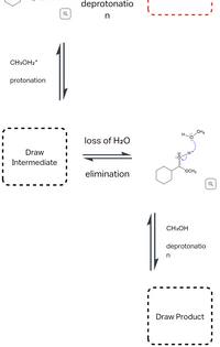 deprotonatio
-1
CH3OH2*
protonation
CH3
H.
loss of H20
Draw
Intermediate
OCH3
elimination
CH3OH
deprotonatio
n
Draw Product
