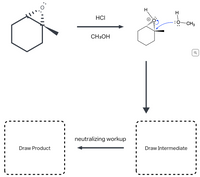 H
HCI
:0-CH3
CH3OH
neutralizing workup
Draw Intermediate
Draw Product
