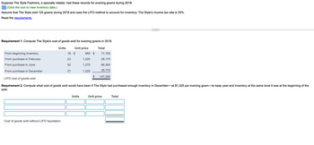 Suppose The Style Fashions, a specialty retailer, had these records for evening gowns during 2018:
(Click the icon to view inventory data.)
Assume that The Style sold 120 gowns during 2018 and uses the LIFO method to account for inventory. The Style's income tax rate is 35%.
Read the requirements.
Requirement 1. Compute The Style's cost of goods sold for evening gowns in 2018.
Unit price
Total
Units
From beginning inventory
From purchase in February
From purchase in June
From purchase in December
LIFO cost of goods sold
Requirement 2. Compute what cost of goods sold would have been if The Style had purchased enough inventory in December-at $1,325 per evening gown-to keep year-end inventory at the same level it was at the beginning of the
year.
Cost of goods sold without LIFO liquidation
18 $
23
52
27
Units
950
1,225
1,275
1,325
$
17,100
28,175
66,300
35,775
147,350
Unit price
Total