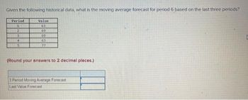 Given the following historical data, what is the moving average forecast for period 6 based on the last three periods?
Period
1
2
3
4
5
Value
63
69
69
63
77
(Round your answers to 2 decimal places.)
3 Period Moving Average Forecast
Last Value Forecast