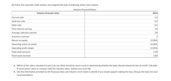 Jen Fama, the associate credit analyst, was assigned the task of analyzing James' loan request.
Industry Financial Ratios
Current ratio
Acid-test ratio
Debt ratio
Time interest earning
Average collection periods
Inventory turnover
Return on equity
Operating return on assets
Operating profit margin
Total asset turnover
Fixed asset turnover
Industry financial ratios
2016
1.8
0.9
0.5
10
20
7
12.00%
16.80%
14.00%
1.20
1.80
A. Which of the ratios calculated in part a do you think should be most crucial in determining whether the bank should extend the line of credit? Calculate
in excel James' ratios to compare with the industry ratios. Submit your excel file.
B. Use the information provided by the financial ratios and industry-norm ratios to decide if you would support making the loan. Discuss the basis for your
recommendation.