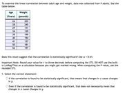 To examine the linear correlation between adult age and weight, data was collected from 9 adults. See the
table below.
Age
Weight
(Years) (pounds)
26
203
28
245
29
141
34
139
39
199
40
194
41
137
50
181
52
197
Does this result suggest that the correlation is statistically significant? Use a = 0.01.
Important Note: Round your value for r to three decimals before computing the STS. DO NOT use the built-
in LinRegTTest on a calculator because you might get marked wrong. When computing the P-value, use the
rounded STS.
1. Select the correct statement:
O f the correlation is found to be statistically significant, that means that changes in æ cause changes
in y
O Even if the correlation is found to be statistically significant, that does not necessarily mean that
changes in æ cause changes in y
