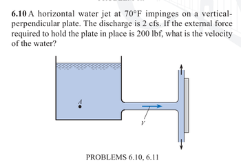 6.10 A horizontal water jet at 70°F impinges on a vertical-
perpendicular plate. The discharge is 2 cfs. If the external force
required to hold the plate in place is 200 lbf, what is the velocity
of the water?
PROBLEMS 6.10, 6.11