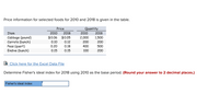 Price information for selected foods for 2010 and 2018 is given in the table.
Price
Quantity
Item
2010
2018
2010
2018
$0.06 $0.05
Cabbage (pound)
Carrots (bunch)
Peas (quart)
Endive (bunch)
2,000
1,500
0.10
0.12
200
200
0.20
0.18
400
500
0.15
0.15
100
200
Click here for the Excel Data File
Determine Fisher's ideal index for 2018 using 2010 as the base period. (Round your answer to 2 decimal places.)
Fisher's ideal index
