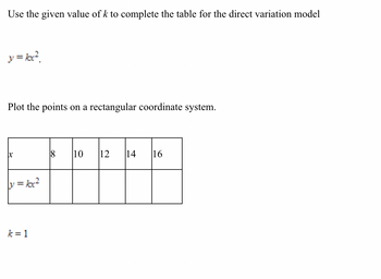 **Direct Variation Model**

Use the given value of \( k \) to complete the table for the direct variation model:

\[ y = kx^2. \]

**Instructions:**

1. Use the value of \( k = 1 \).
2. Complete the table with the given \( x \) values.
3. Plot the points on a rectangular coordinate system.

**Table:**

| \( x \) |  8  | 10  | 12  | 14  | 16  |
|---------|-----|-----|-----|-----|-----|
| \( y = kx^2 \) |     |     |     |     |     |

**Solution:**

Apply the formula \( y = kx^2 \) with \( k = 1 \) to find the \( y \) values.
- For \( x = 8 \), \( y = 1 \times 8^2 = 64 \)
- For \( x = 10 \), \( y = 1 \times 10^2 = 100 \)
- For \( x = 12 \), \( y = 1 \times 12^2 = 144 \)
- For \( x = 14 \), \( y = 1 \times 14^2 = 196 \)
- For \( x = 16 \), \( y = 1 \times 16^2 = 256 \)

Complete the table as follows:

| \( x \) |  8  | 10  | 12  | 14  | 16  |
|---------|-----|-----|-----|-----|-----|
| \( y = kx^2 \) |  64 | 100 | 144 | 196 | 256 |

**Graphing:**

Plot these points on a graph with \( x \)-axis for values of \( x \) and \( y \)-axis for the corresponding \( y \) values. The plotted points (8, 64), (10, 100), (12, 144), (14, 196), (16, 256) should form a parabola opening upwards.