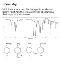 Chemistry
Which structure best fits the spectrum shown
below? List ALL the characteristics absorptions
that support your answer.
4D00
3000
eoon
1500
1000
so
NAVENUMB ERI
NHCH3
NH2
NH2
N(CH3)2
CH3
В.
ČH3
А.
C.
D.
TFANSMETTRNCEII
