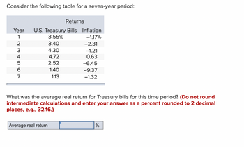 Consider the following table for a seven-year period:
Returns
Year U.S. Treasury Bills Inflation
3.55%
-1.17%
1234567
3.40
4.30
4.72
2.52
1.40
1.13
Average real return
-2.31
-1.21
0.63
-6.45
-9.37
-1.32
What was the average real return for Treasury bills for this time period? (Do not round
intermediate calculations and enter your answer as a percent rounded to 2 decimal
places, e.g., 32.16.)
%