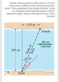 A boat, whose speed in still water is 2.5 m/s,
must cross a 285-m-wide river and arrive at a
point 118 m upstream from where it starts. To do
so, the pilot must head the boat at a 45.0°
upstream angle. What is the speed of the river's
?current
+118 m -
Finish
River
current
285 m !
| 45.0°
Start
Path of
boat
