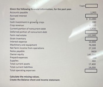 Given the following financial information, for the past year.
Accounts payable
Accrued interest
Cash
Cash investment in growing crops
Crop revenue
Current portion of noncurrent debt
Deferred portion of noncurrent debt
Farm real estate
Grain inventory
Interest expense
Machinery and equipment
Net farm income from operations
Notes payable
Owner equity
Prepaid expenses
Supplies
Total current assets
Total current liabilities
Total operating expenses
Calculate the missing values.
Create the Balance sheet and Income statement.
Team
1,900
$ 11,000
600
95,000
1,430
152,000
10,900
76,000
27,100
9600
145,000
290
480
17,400
14,000