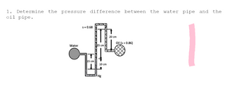 1. Determine the pressure difference between the water pipe and the
oil pipe.
S = 0.68
20 cm
Oil (s = 0.86)
Water
15 cm
25 cm
10 cm
Hg