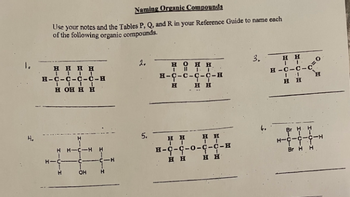 **Naming Organic Compounds**

Use your notes and the Tables P, Q, and R in your Reference Guide to name each of the following organic compounds.

1. 
```
               H   H   H
               |    |    |
         H—C—C—C—C—H
               |    |    |
               H  OH  H
```

2.
```
               H   O   H
               |    ||   |
         H—C—C—C—C—H
               |    |    |
               H   H   H
```

3.
```
                H    H
                   |    |
         H—C—C—C—C—O
              ||   |
                H   H
```

4.
```
                H
                |
         H—C—C—C—H
              |    |
              Br  Br
```

5.
```
               H   H   H
               |    |    |
         H—C—C—C—C—H
               |    |    |
               H  OH  H
          |
               H   OH
```

---

**Interpretation of Structures:**

1. **Compound 1:**
   - The structure shows a chain of four carbon atoms (butane) with an —OH group attached to the third carbon atom. 
   - This compound is 3-butanol.

2. **Compound 2:**
   - The structure shows a chain of four carbon atoms (butane) with a double bond to oxygen (=O) at the second carbon, and an —OH group at the third carbon causing a presence of a hydroxyl group and a carbonyl group.
   - This compound is 3-hydroxybutanal.

3. **Compound 3:**
   - The structure shows a chain of four carbon atoms (butane) with a C=O (carbonyl) group at the end carbon atom forming an aldehyde.
   - This compound is butanal.

4. **Compound 4:**
   - The structure shows a chain of three carbon atoms (propane) with two bromine atoms attached to the second carbon atom.
   - This compound is 2,2-dibromopropane.

5. **Compound 5:**
   - The structure shows a chain of four carbon atoms (butane) with two —OH groups