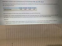 EXERCISE 8-15 Direct Labor and Manufacturing Overhead Budgets [ LO8-5, Q LO8-6]
The Production Department of Hruska Corporation has submitted the following forecast of units to be produced by quarter for
the upcoming fiscal year:
1st Quarter 2nd Quarter 3rd Quarter 4th Quarter
Units to be produced
12,000
10,000
13,000
14,000
Each unit regquires 0.2 direct labor-hours and direct laborers are paid $12.00 per hour.
In addition, the variable manufacturing overhead rate is $1.75 per direct labor-hour. The fixed manufacturing overhead is $86,000
per quarter. The only noncash element of manufacturing overhead is depreciation, which is $23,000 per quarter.
Required:
1. Prepare the company's direct labor budget for the upcoming fiscal year, assuming that the direct labor workforce is adjusted
each quarter to match the number of hours required to produce the forecasted number of units produced.
