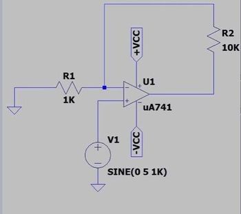 R1
1K
+
V1
+VCC
-VCC
U1
uA741
SINE(0 5 1K)
R2
10K